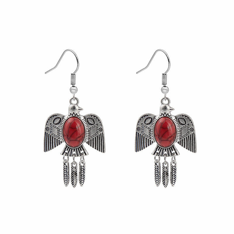 Wholesale Turquoise Bohemian Owl Dream Catcher Feather Alloy Earrings